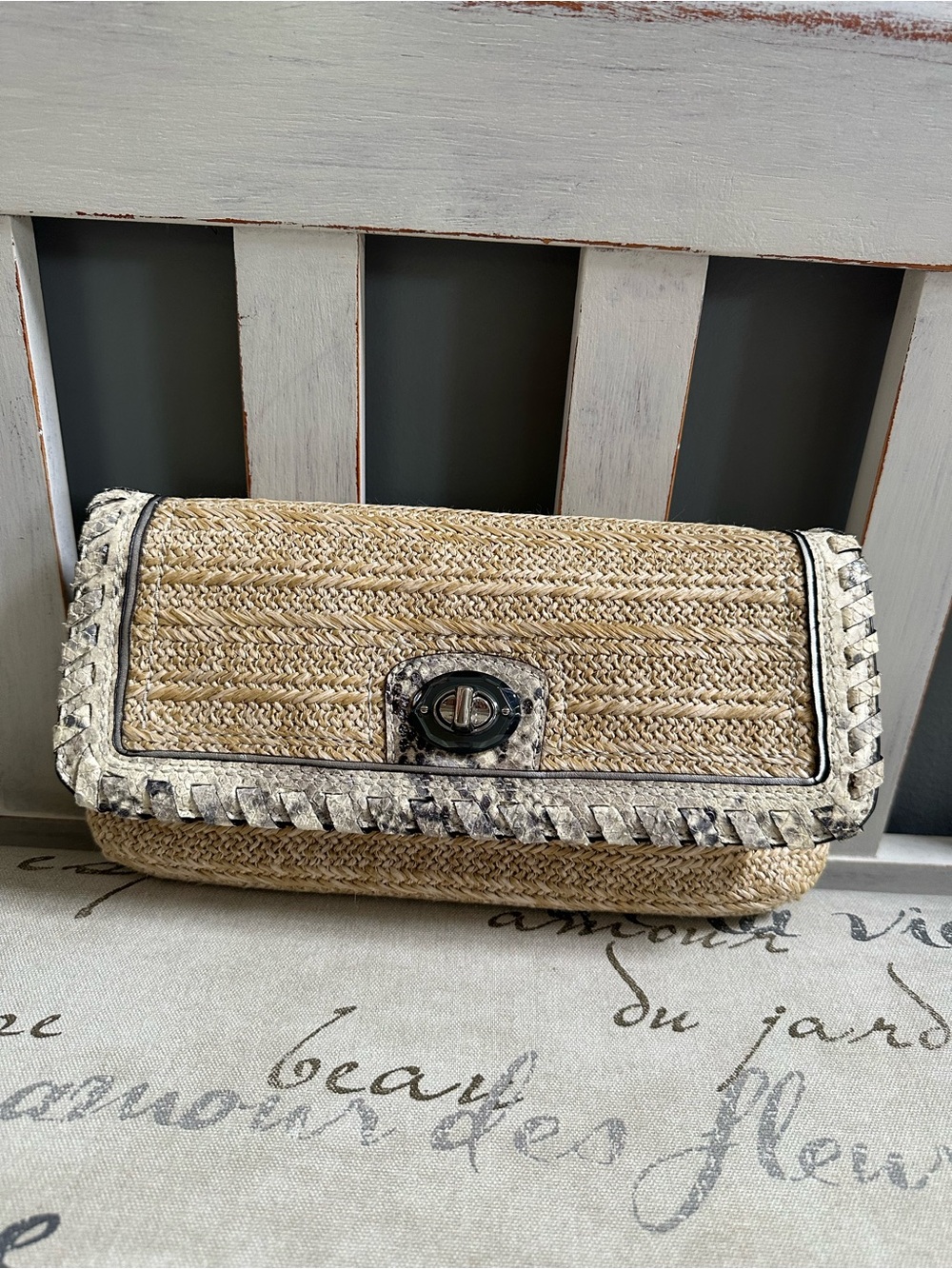 Coach Straw Clutch with Cream Leather Trim and Black Accents